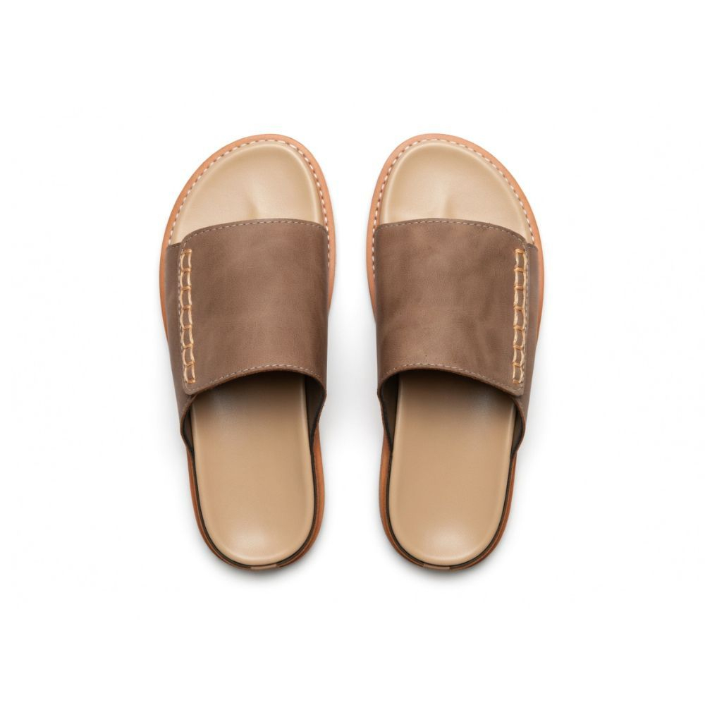 Quality Men Taupe Leather Slide Sandals with Decorative Stitching